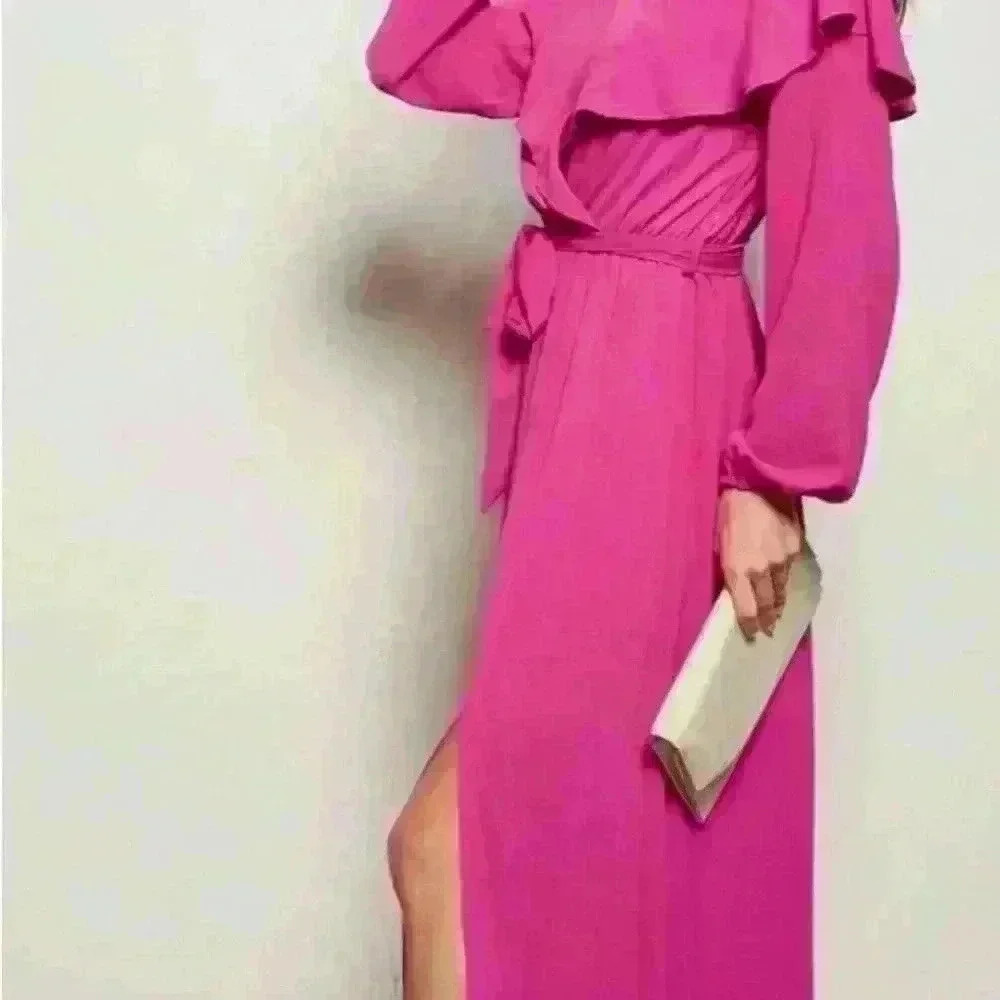 Women”s long sleeve ruffle side slit maxi dress size S - Picture 2 of 4